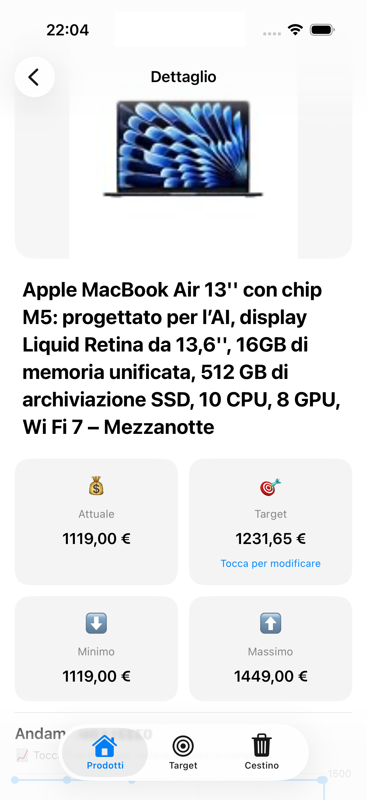 Schermata di dettaglio di un prodotto monitorato