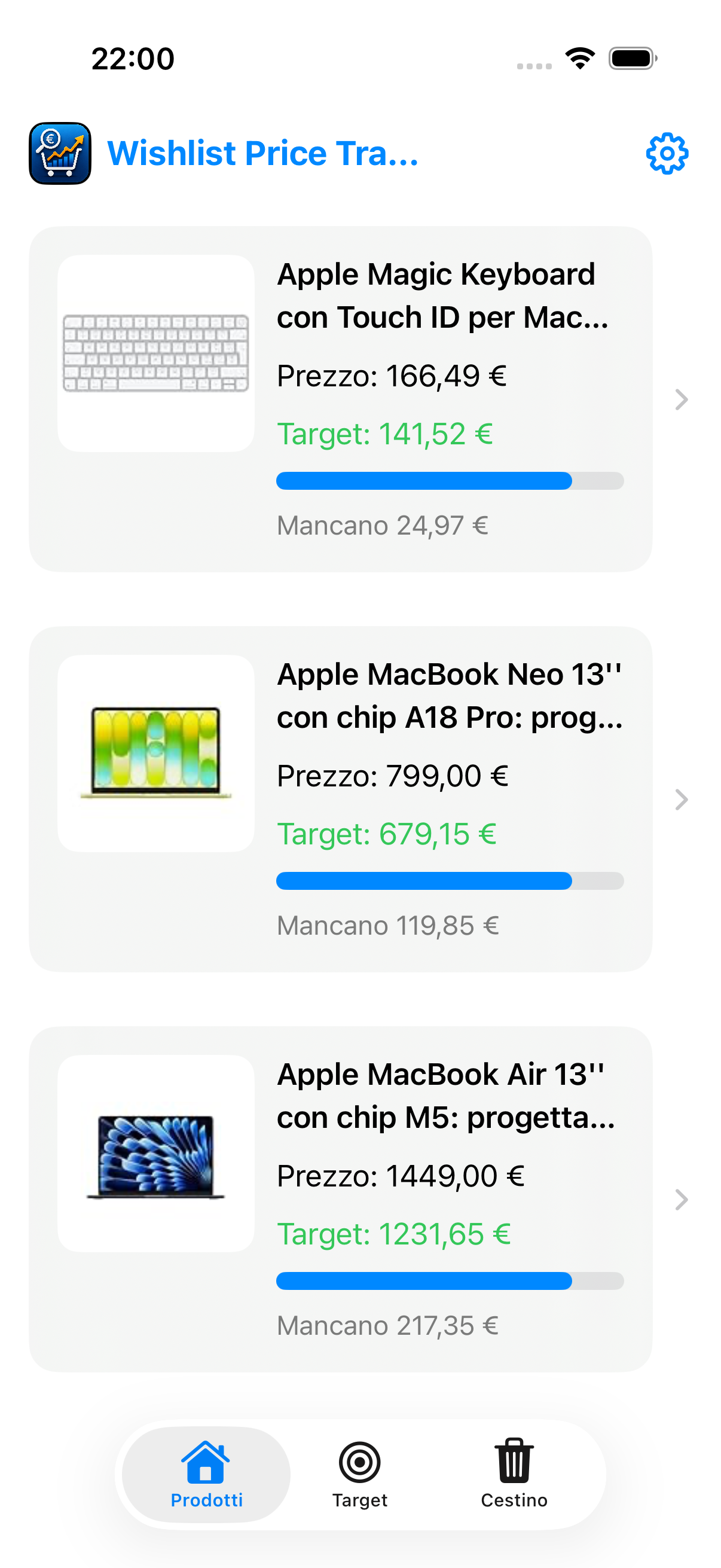 Schermata principale dell'app Wishlist Price Tracker
